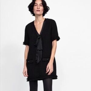 Zara Black Tweed V-Neck Fringe Mini Dress with Satin Bow & Gold Button Detail XS